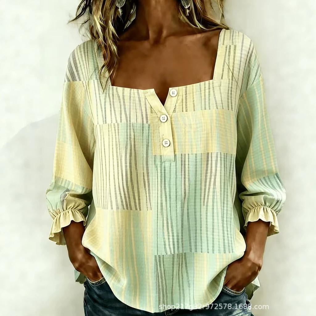 New Xiyin Summer T-Shirt Women's Printed Square Neck Button Bubble Sleeve Women's Top Women's
