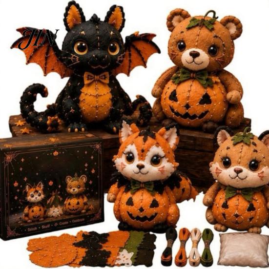 Stoff Nähset Halloween Freunde Patchwork-Set, Tier DIY Machen Sie 4 entzückende Charaktere, Basteln für Anfänger Handgemachtes Geschenk Feiertagsdekoration