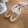 ~ Min Home Leather Lamb Wool Women's Winter Velvet Warm Flat Bottom Gold Coin Wool Bean Shoes Single Shoes