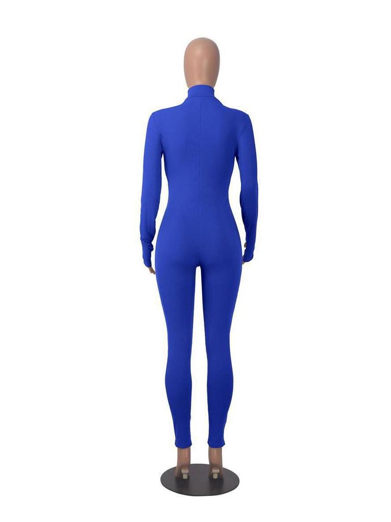 Women's Ribbed Elastic Slim-fit Long Sleeve Sport Yoga Jumpsuit with Invisible Zipper