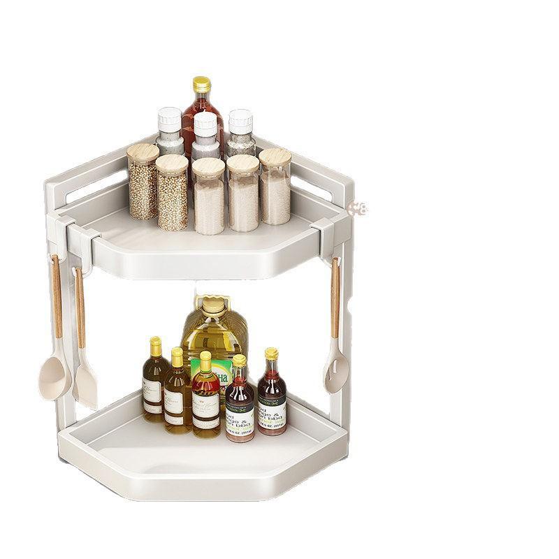 Corner Kitchen Organizer Rack 2-3 Tier Triangular Shelf Spices Condiments Utensils With Hooks Knife Holder Chopstick Cylinder