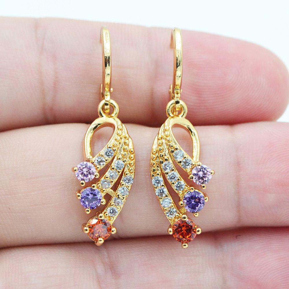 18k Gold Plated Colorful Gemstone Wing Zircon Earrings Elegant Ear Clip Jewelry
