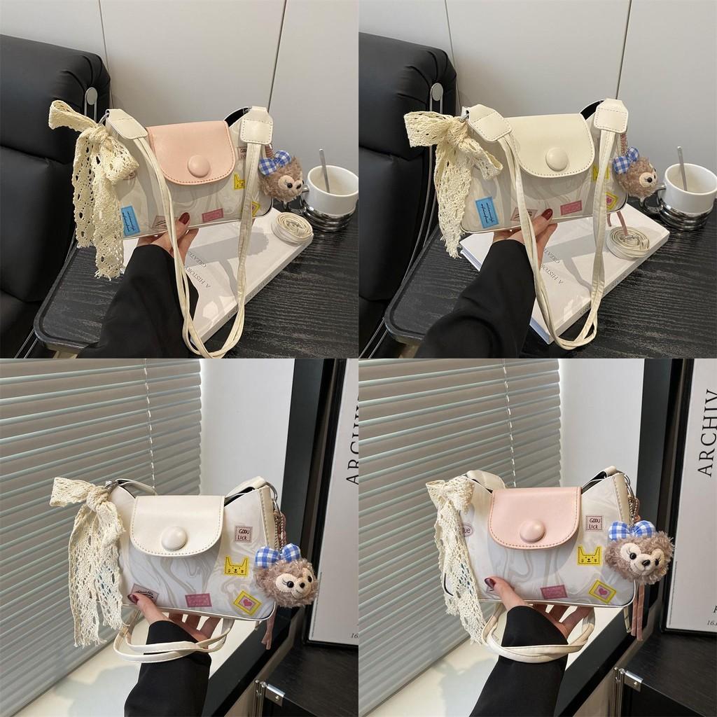Printed Fashion Cartoon Women Shoulder Square Bag With Lace Bow And Pendant Doll