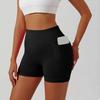Hohe Taille Nahtlose Yoga-Shorts mit Seitentasche für Damen Dehnbar Workout Kompressions-Fitness-Shorts