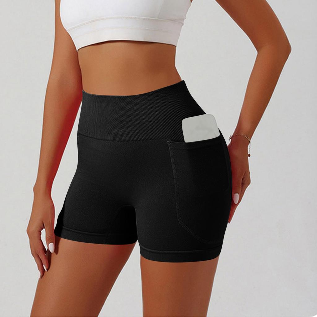 Hohe Taille Nahtlose Yoga-Shorts mit Seitentasche für Damen Dehnbar Workout Kompressions-Fitness-Shorts