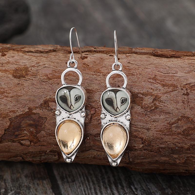 Retro Silver Barn Owl Dangle Earrings Natural Yellow Citrine Inlay Daily Wear Party Gift For Womenn
