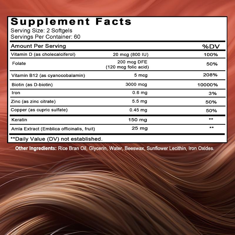 Super-potent hair care capsules support healthy hair, containing biotin, keratin, and vitamin D 120 capsules.