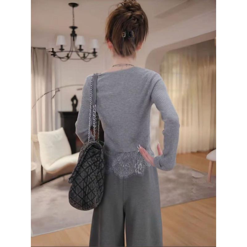 Two-piece Lace Spliced Knitted Cardigan for Women in 2025 Autumn New Slim Long-sleeved Jacket
