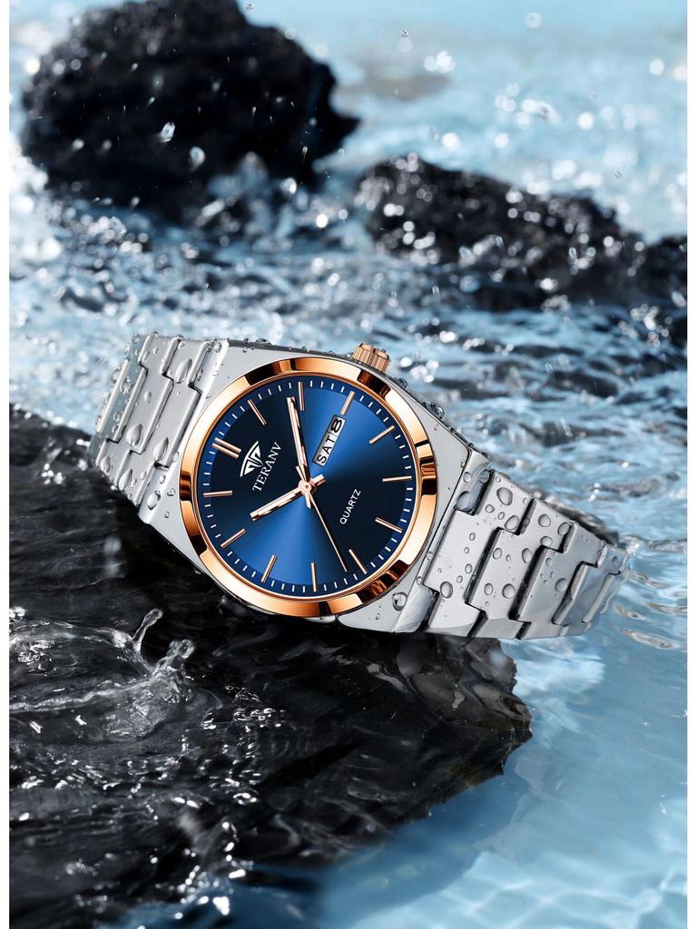 Men's Ultra-Thin Luminous Quartz Watch with Steel Band and Double Calendar, Waterproof.