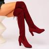 Botas Elásticas de Inverno e Outono Novas de Tamanho Grande Acima do Joelho Salto Alto Salto Grosso Bico Fino Cor Sólida Botas Longas de Camurça