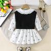 Girls Black and White Bow Print Doll Collar Long Sleeve A-Line Dress 2-Piece Set