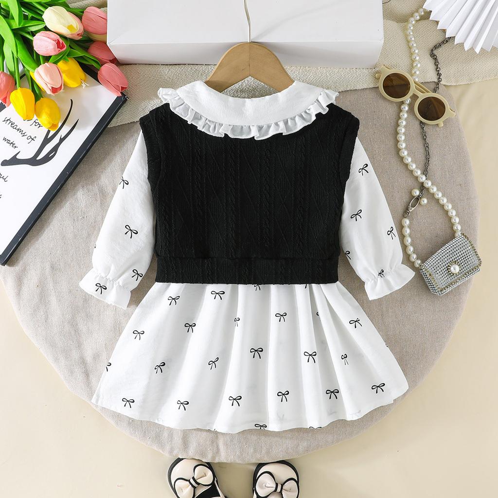 Girls Black and White Bow Print Doll Collar Long Sleeve A-Line Dress 2-Piece Set