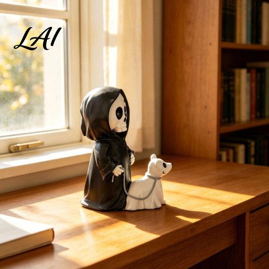 Ghost Puppy Halloween Decor Grim Reaper & Ghostly Resin Figurine Black Robed Skeleton with Cute 3D Carved Decoration Dog Statue Dark Gothic for Desk