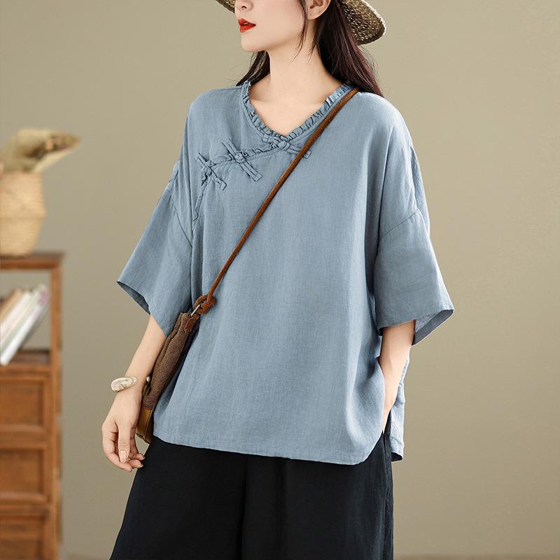 

Summer Cotton Linen Artistic Women s Pullover - Casual & Age-Reducing Top Extra Large синьо сірого кольору
