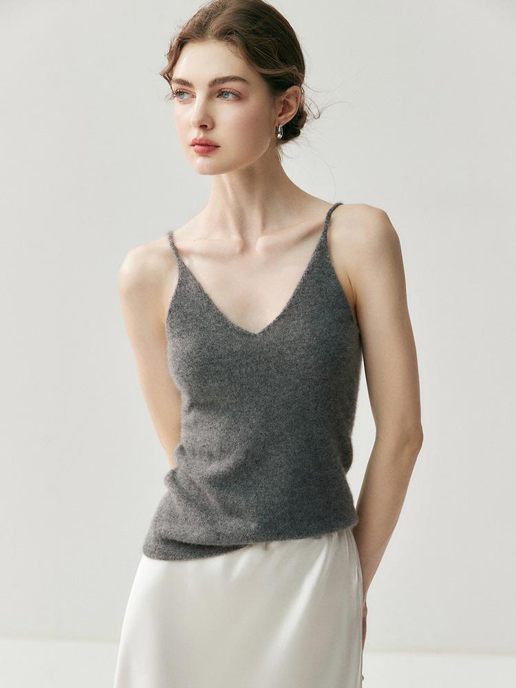 Women's V-Neck Slim Fit Cashmere Knit Spaghetti Strap Vest - Autumn/Winter 2026 Base Layer Top