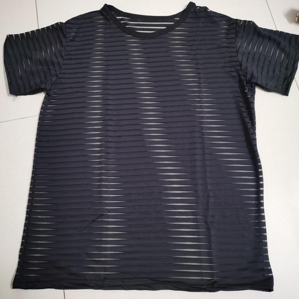 In Stock! Men's Hot Selling Horizontal Stripe See-Through Short Sleeve Loose Party Wear T-Shirt.
