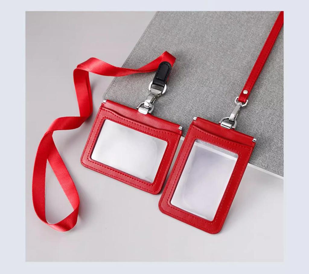 Double Sided Transparent PVC and Real Leather Work Card Holder with Lanyard Staff Hanging Neck Anti-interference Protection ID Badge Cards Cases
