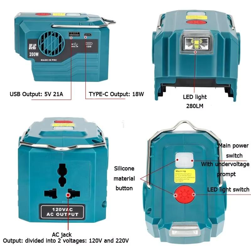 For Makita/Dewalt/Milwaukee/Bosch 111W Power Inverter Generator 18V Battery To 111V/111V AC Output USB and Type-C Adapter New
