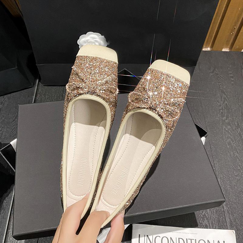 Mode Bling Bling Damen Schleife Ballerinas Schuhe eckige Zehen Leder Patchwork Ballerinas Frau Silber Glitzer Slipper 2025