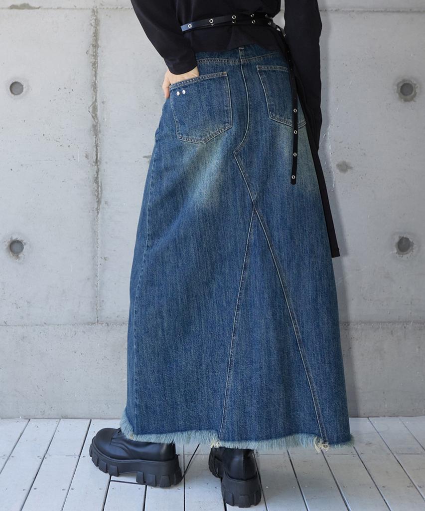 Lense Cutting Denim Long Skirt Blue