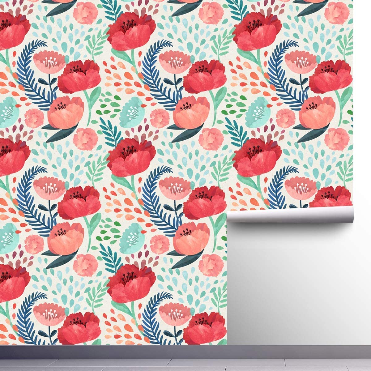 

Красные цветочные обои самоклейка Зеленые листья Самоклеящиеся обои с предварительно нанесенным клеем Водонепроницаемая съемная контактная бумага для декора 3mx45cm