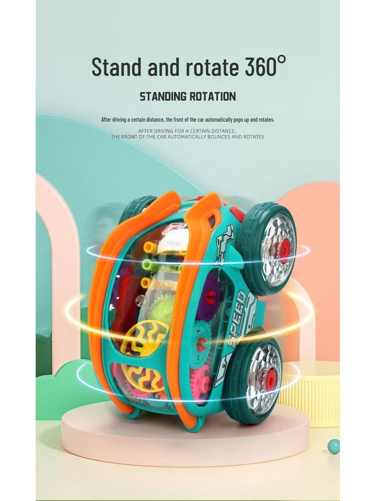 Electric Stunt Dump Truck with Music, Lights & 360° Rotation - Transparent Gear Toy for Kids