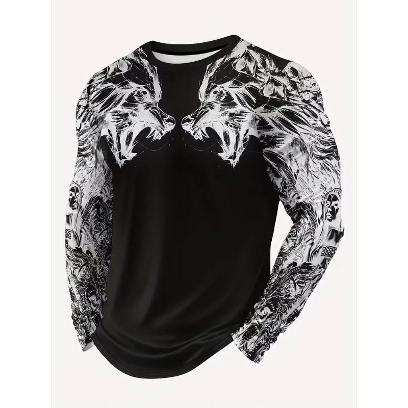 Men's Autumn and Winter 3D Printed Crew Neck Long Sleeve T-Shirt Fashion Versatile Trend Breathable Casual