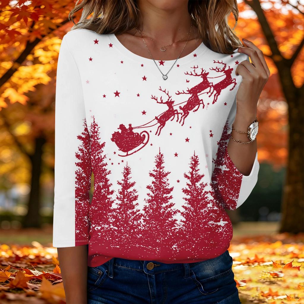 Damen Lässiges Weihnachts-Print-Oberteil mit Dreiviertelärm