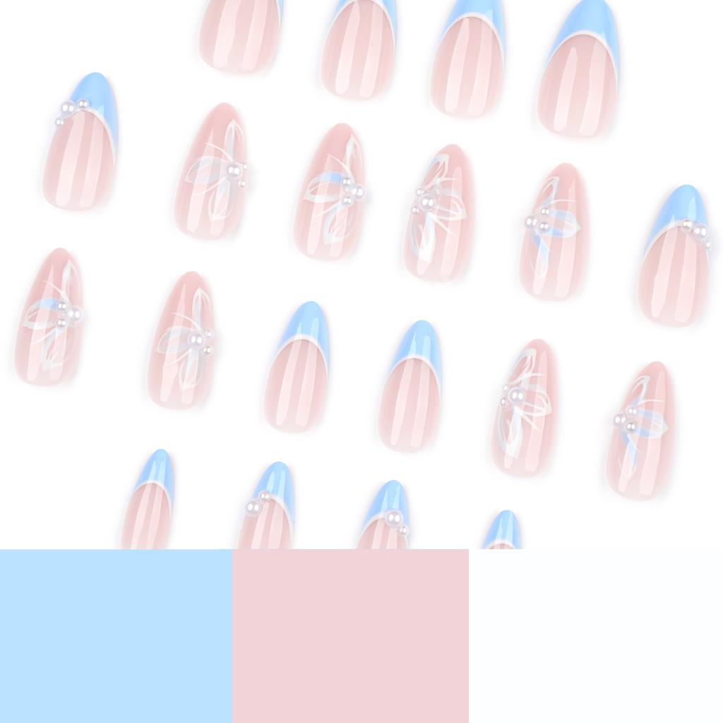 French Blue Wear Nail Piece Butterfly Pearl Nail Art False Nail Repeatable Short Almond Nail Piece