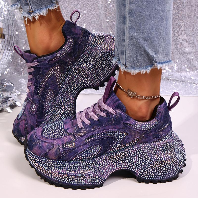 Fashion Luxury Rhinestone Chunky Sneakers for Women Fashion Purple Denim Platform Sports Shoes Woman Non Slip Thick Sole Vulcanize Shoes