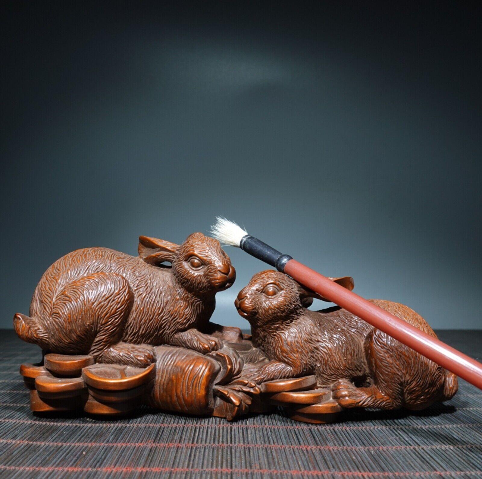 

Китайская винтажная шкатулка из самшита с резьбой, изысканная статуэтка кроликов, приносящих удачу, домашний декор, искусство CHINA