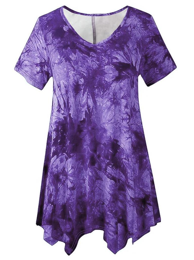 Women's Plus Size Tie-dye V-neck Irregular Hem Short Sleeve Loose Top
