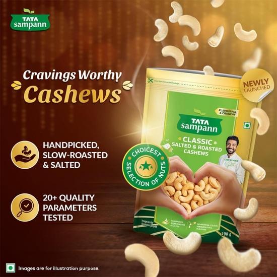 TATA Sampann Classic Salted & Roasted Cashews | Flavourful & Crunchy Snack | Handpicked, Salted & Slow Roasted Cashews | Rich In Protein, Magnesium