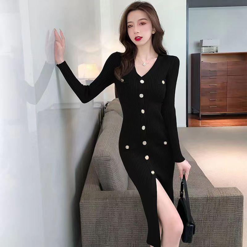 Kleid Strickjacke Weibliche Herbst Göttin Temperament Französisch Solide Langarm Fleece Kleid Mid länge Gewickelt Hüfte Stricken Kleid