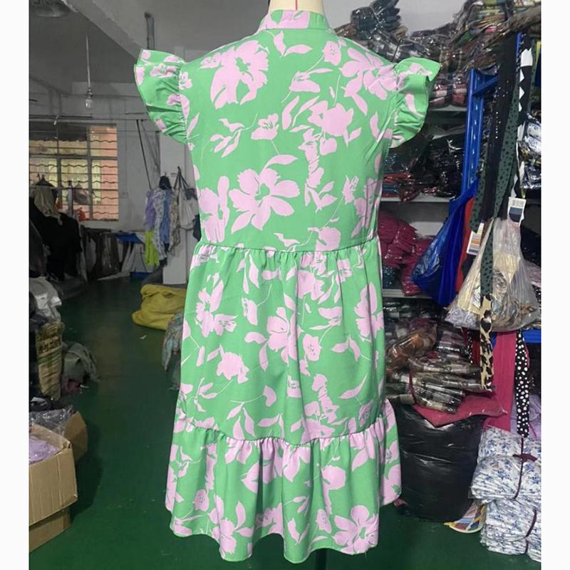 Spring Summer Ruffled Sleeve V-Neck Sexy Dress Women Loose Waist Printed Floral Short Dress Woman Fashion Vintage Elegant Casual Dresses 24515