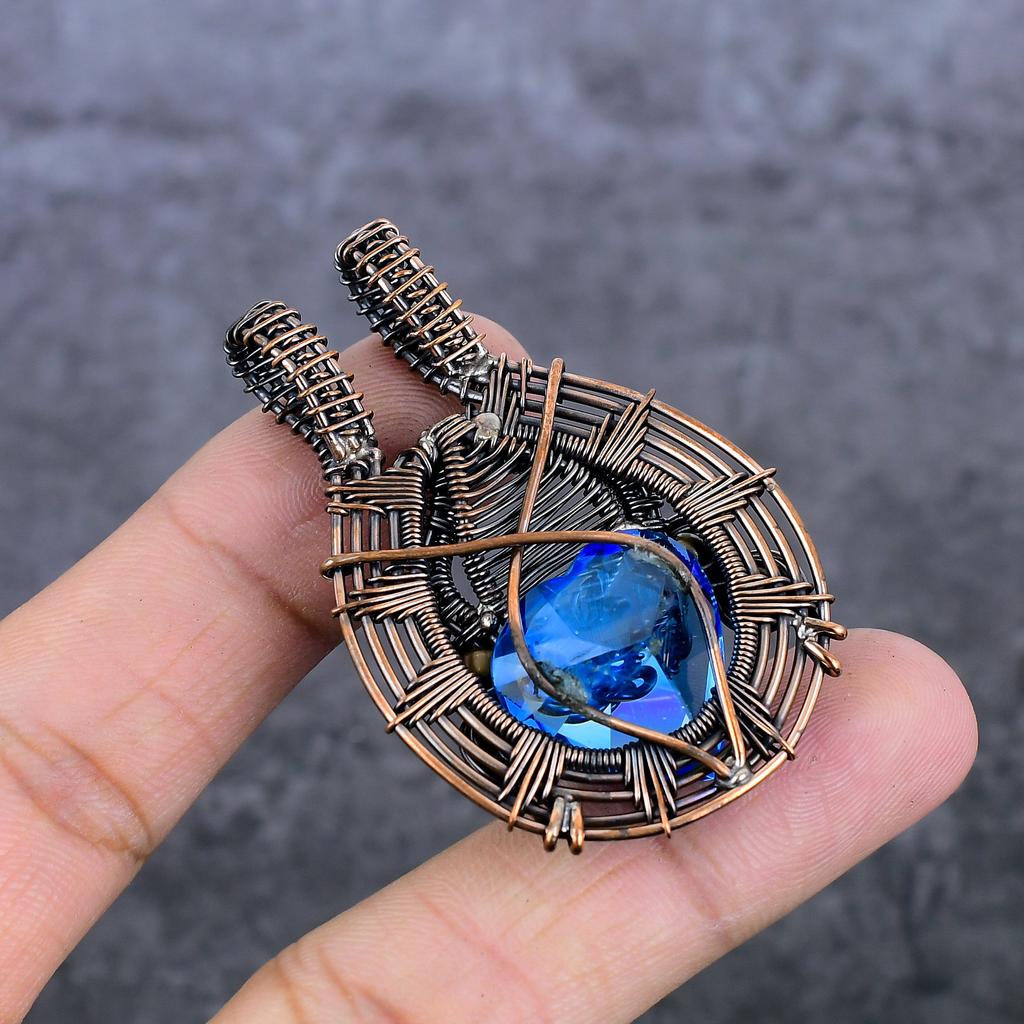 Natürlicher Blautopas Edelstein Handgefertigter Kupferdraht Wickel Schmuck Anhänger 2,25" P1T85