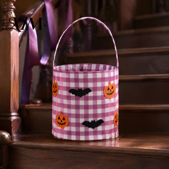 Große Kapazität Eimer Halloween Eimer, Süßes oder Saures Korb für Kinder Jungen Mädchen, Karierte Kürbis Taschen Fledermaus Geist Süßigkeiten Tragetasche mit Griff