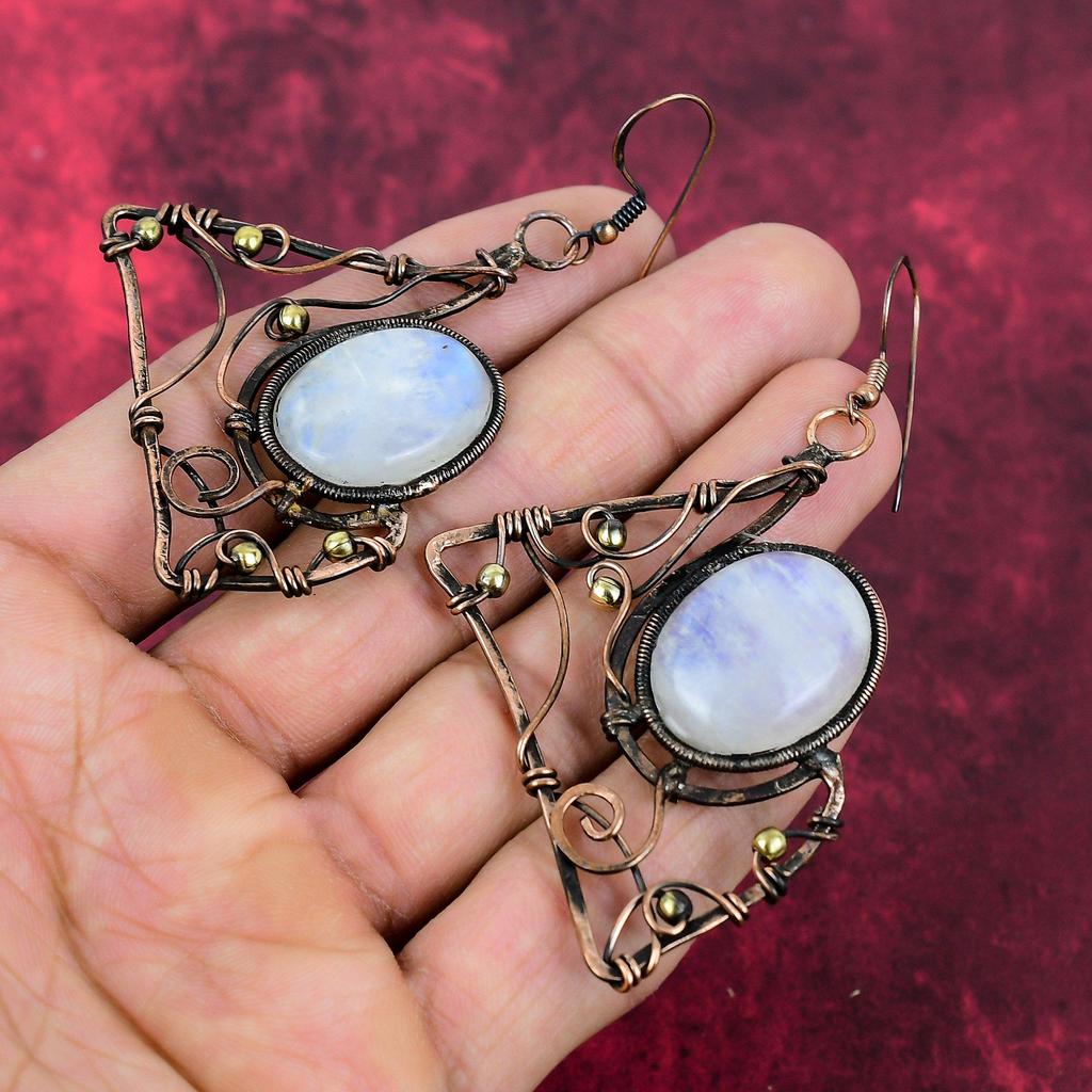 Regenbogenmondstein Ohrring Kupferdraht Gewickelte Ohrringe Handgemachter Schmuck Natürlicher Edelstein Ohrring Schöner Kupferschmuck Jahrestagsgeschenke