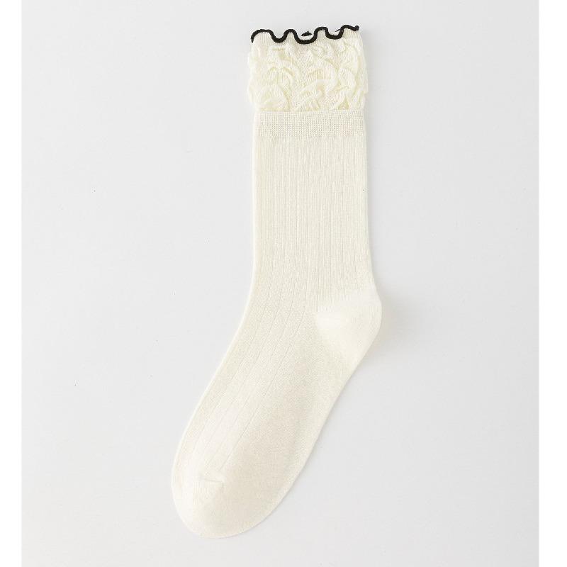 Female Spring and Autumn Solid Color Vertical Bar Hollow Fungus Lace Ballet Wind Drum Pile Socks