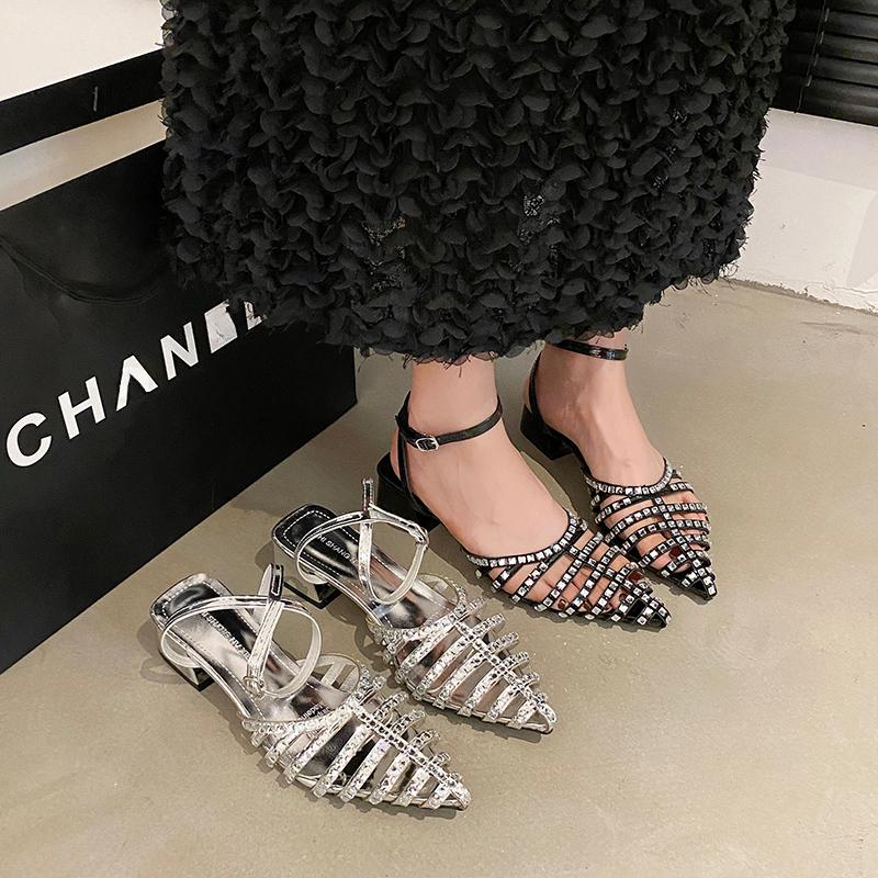 Summer Sandals Pointed Toe Hollow Crystal Women Shoes Fashion Women Leather Slingbacks Pumps Wedding Bridal High Heeled Shoes