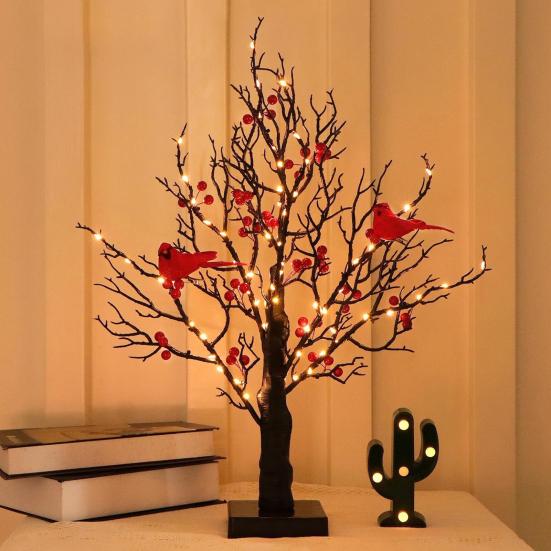LED Vintage Glowing Tree with Cardinals Battery Operated Twinkle Trees Lamp with Lighted Branches Christmas Halloween Decorations