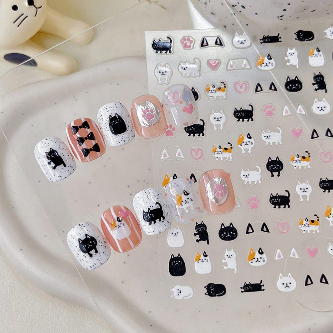 Adorable Cat-Themed Nail Art Stickers: Black, White & Pink Hearts, Paws, Ears - Thin & Durable Cat Paws [1 Sheet]