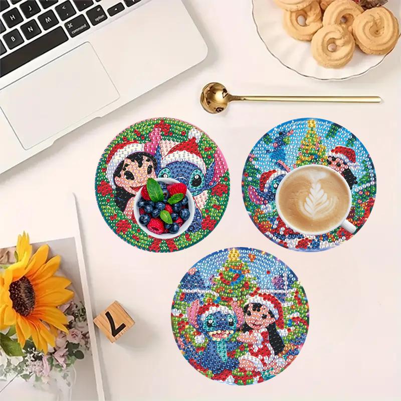 8 Pieces/set Disney Christmas Stitch Series Diamond Painted Coaster DIY Diamond Art Coaster 5D Full Diamond Diamond Coaster Acrylic Round Cup