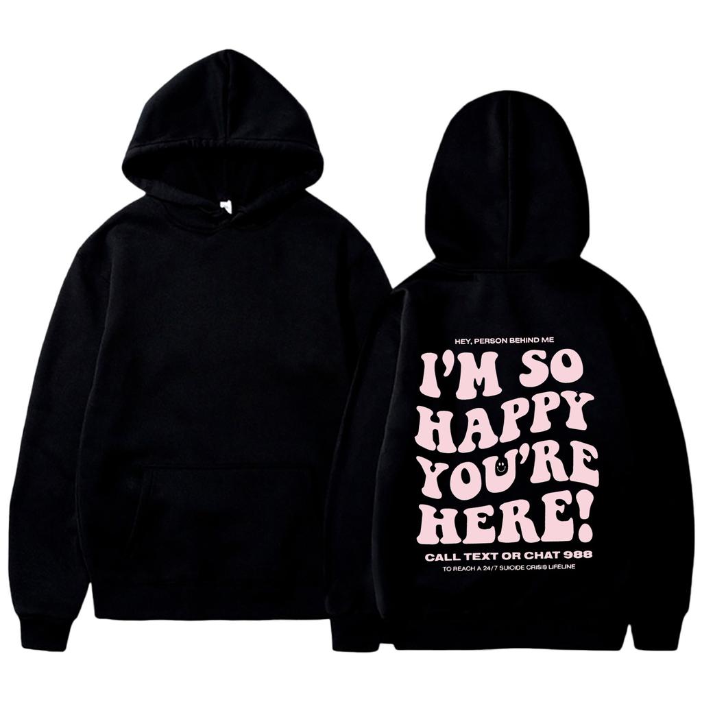 I'M So Happy You'Re Here European And American New Fashion Letter Print Hooded Back Collar Plush Sweater For Women
