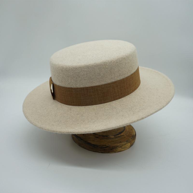 Beige Elegant Retro French Wool Flat Top Top Top Hat Women'S Autumn And Winter Japanese Korean Felt Wide Eaves British Flat Eaves