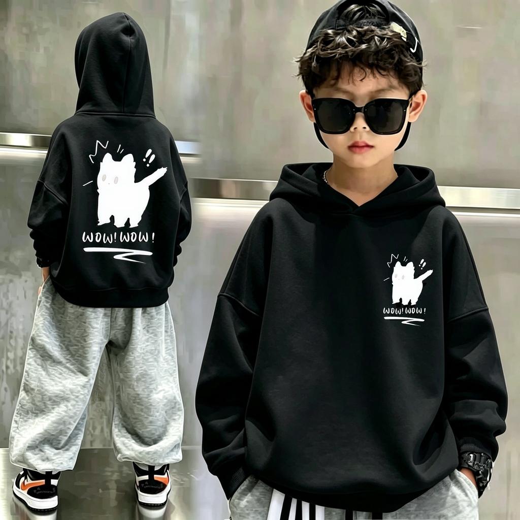 Cute Cartoon Wow Black Cat Front & Back Graphic Kids Hoodie Loose Oversized Pullover Boys Girls Streetwear Sweatshirt