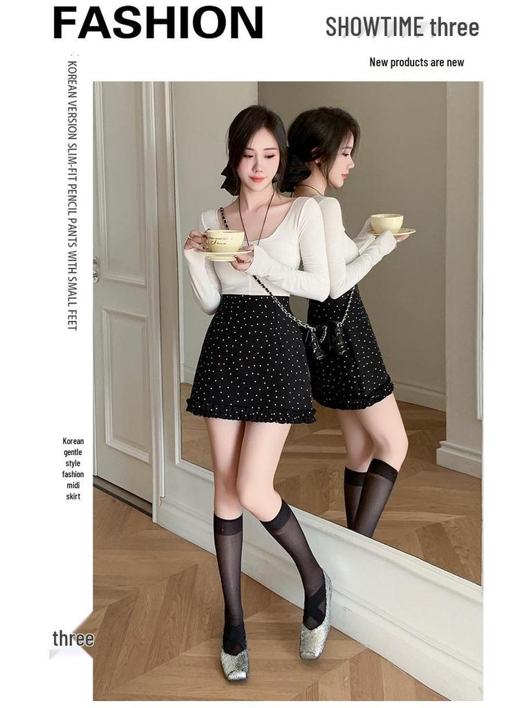 Stylish Black Polka Dot Ruffle-Edge A-Line Skirt for Women - Spring/Summer 2026 Collection