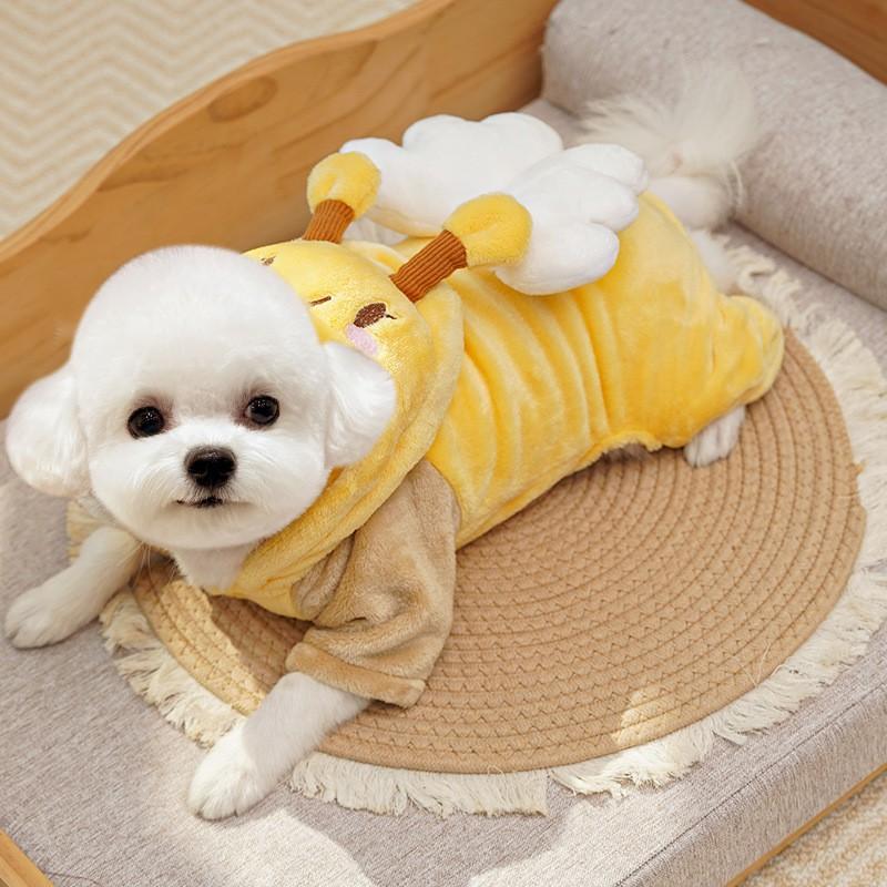 Warm Fleece Pet Pajamas Dogs Cats Winter Cozy Four-Legged Outfit Cartoon Bee Design