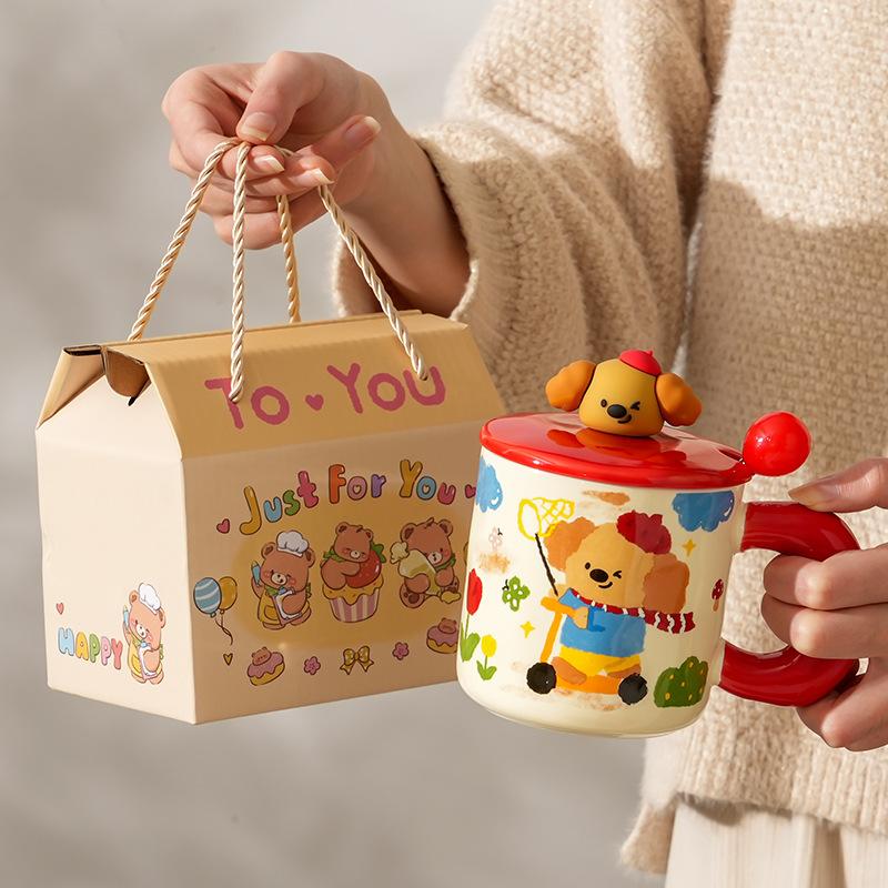 High-Value Creative Ceramic Cup With Lid Spoon, Household Girl Couple Water Cup Gift Box, Cute Little Gift.