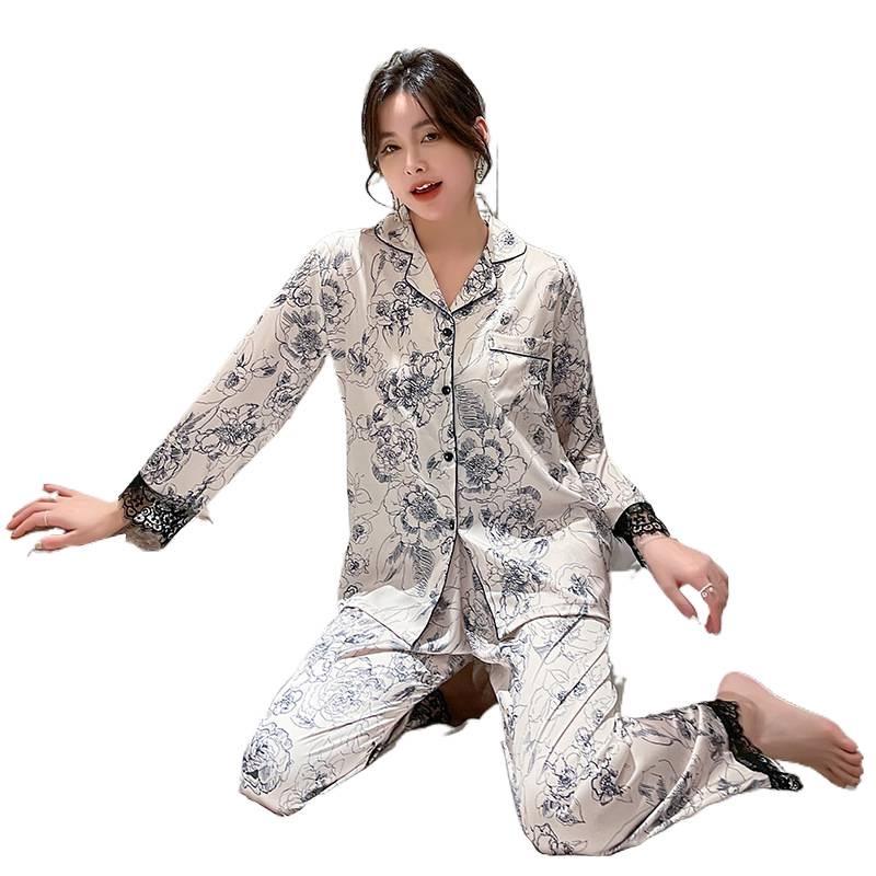 Women's Korean Style Silk Pajama Set - Long Sleeve Cardigan and Pants